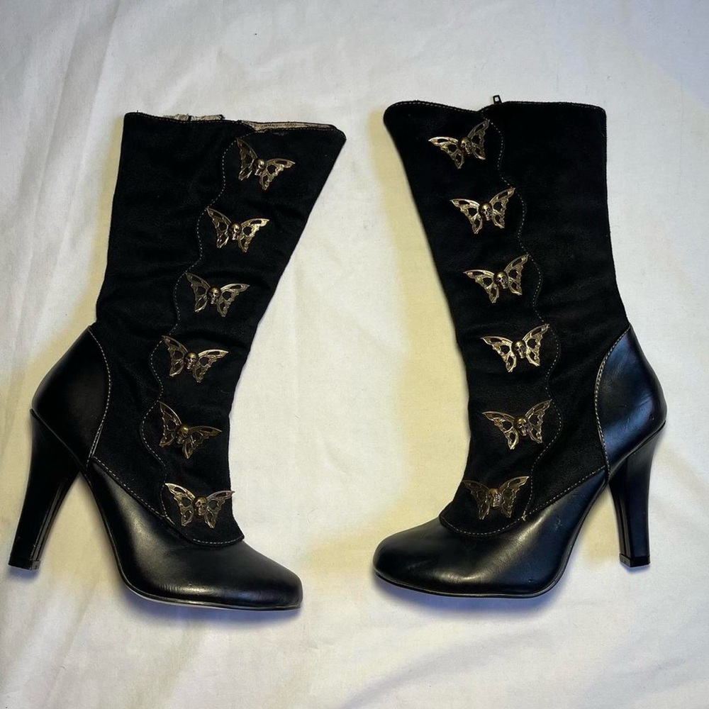 Demonia Black Heeled Boots with Gold Butterfly Accents - Picture 6 of 8